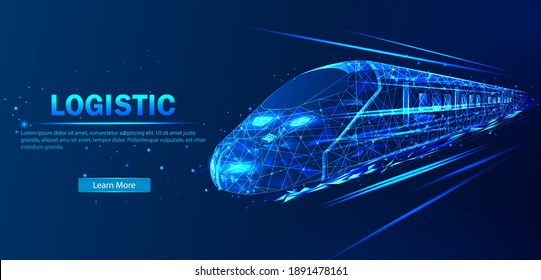 Future logistics, transport concept.  Abstract vector in futuristic polygonal style with wireframe, lowpoly triangles on a blue background with stars. Logistics concept high-speed train.