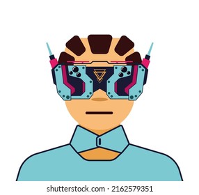 Future man icon with technology headset goggles from cyberpunk world, metaverse with virtual reality goggles. Sci-fi concept. Person has scientifically fantastically modified eyes, implants. Vector