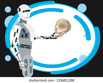 The future of mankind, the robot holds the human skull. In minimalist style Cartoon flat Vector Illustration