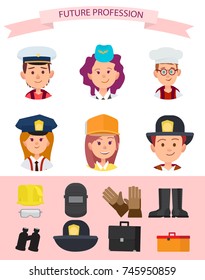 Future mariner, girl in stewardess cap, goinr to be chef, girl in police uniform, pupil builder and boy firefighter with attributes vector illustrations.