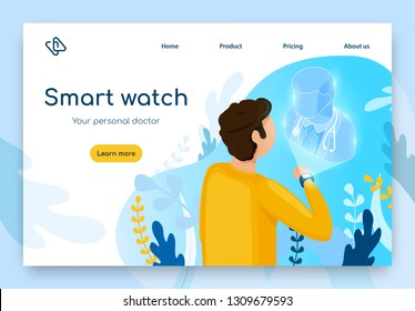 Future Medical Services Isometric Vector Web Banner. Man Using Smart Watch To Communicate With Personal Doctor Or Health Virtual Assistant Illustration. Digital Technologies In Medicine Landing Page