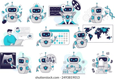 Medicina del futuro con el concepto de asistente de robot de IA. Prácticas modernas de salud. Métodos innovadores de diagnóstico y tratamiento. Telemedicina, pruebas de laboratorio, cirugía, monitorización de enfermedades