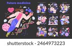 Future Medicine concept. Advanced healthcare technologies showcased as telemedicine, AI diagnostics, and bioprinting. Personalized patient treatment. Vector illustration.