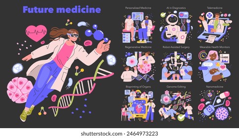 Concepto de medicina del futuro. Tecnologías avanzadas de atención médica exhibidas como la telemedicina, el diagnóstico de IA y la bioimpresión. Tratamiento personalizado. Ilustración vectorial.