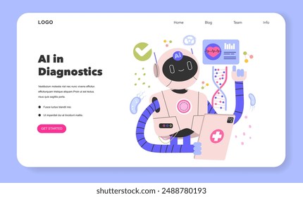 Future Medicine concept. A robotic assistant analyzing patient data for advanced AI diagnostics. Healthcare technology integration. Vector illustration.