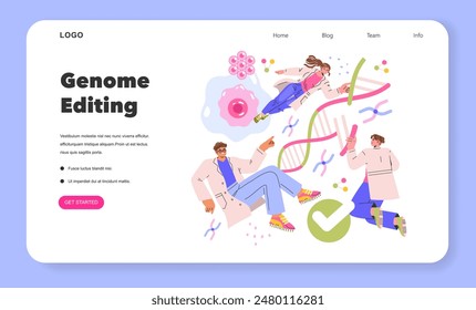 Future Medicine concept. Scientists engaging in genome editing surrounded by DNA strands and cells. Innovation in genetic research and therapy. Vector illustration.