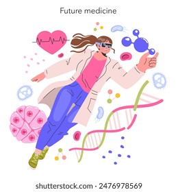 Future Medicine concept. A woman interacts with advanced health tech and biology, symbolizing innovation. DNA, cells, and health in modern care. Vector illustration.