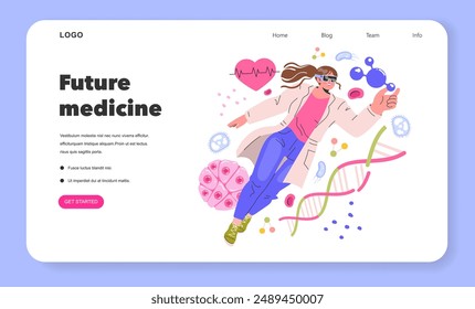 In: Future Medicine Concept. Eine Frau interagiert mit holografischen Elementen der Gesundheitsfürsorge, was Fortschritte in der Medizintechnik symbolisiert. Vektorillustration.