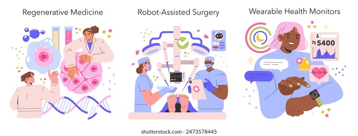 Future Medicine set. Advancements in regenerative treatments, robotic surgery, and personal health monitoring. DNA manipulation, precision medical robots, smart wearables. Vector illustration.