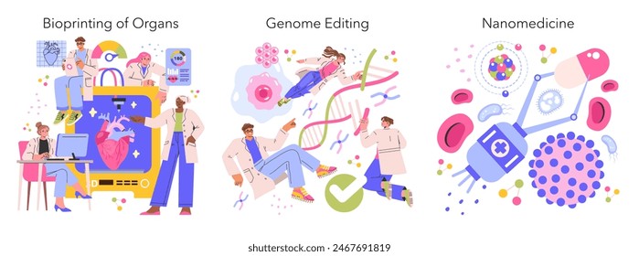 Juego de Future Medicine. Bioimpresión de órganos, edición del genoma e innovaciones en nanomedicina. Profesionales médicos que trabajan con tecnología avanzada. Ilustración vectorial.