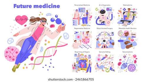 Future Medicine set. Innovations from AI diagnostics to wearable tech and robot surgery. Advancing healthcare through cutting-edge biotech. Vector illustration.