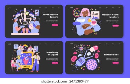 Future Medicine set. Surgical robots, wearable devices, organ bioprinting, and nanotechnology for advanced healthcare. Innovations transforming medical treatments. Vector illustration.