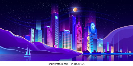 Future metropolis business district, resort city downtown cartoon vector. Illuminating neon lights, modern skyscrapers buildings on seacoast, sailing yacht floating in bay at starry night illustration