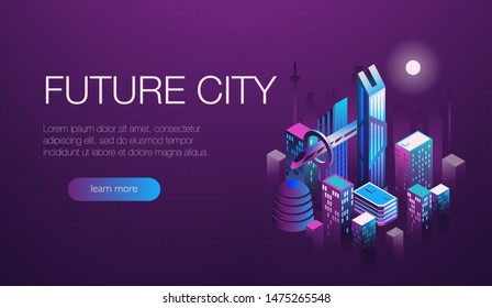 Future metropolis night city. Smart city isometric. Modern night neon purple landscape. Web design concept.