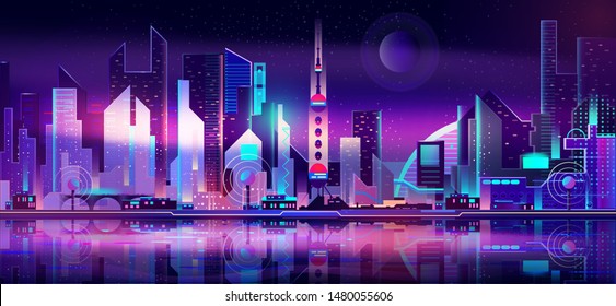 Future metropolis on seacoast, extraterrestrial space colony city flat vector with futuristic skyscrapers illuminating at night with fluorescent, neon lights, reflecting in bay calm water illustration