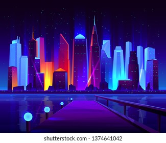 Future metropolis seafront with illuminating neon colors lights futuristic skyscrapers buildings on shore and pier on opposite bank of bay cartoon vector illustration. Modern city nightlife background