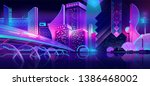 Future metropolis streets night skyline cartoon vector with illuminated blue and violet neon lights futuristic skyscrapers, bridge, subway railroad over city bay illustration. Sci-fi urban background