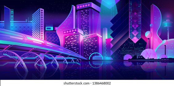 Future metropolis streets night skyline cartoon vector with illuminated blue and violet neon lights futuristic skyscrapers, bridge, subway railroad over city bay illustration. Sci-fi urban background