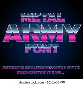 Future Military Army Sci-Fi Movies Style Chrome Typeface in 80s Retro Futurism style. Vector font
