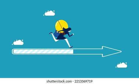 Future missions and goals. Businesswoman with light bulb running on arrow progress bar