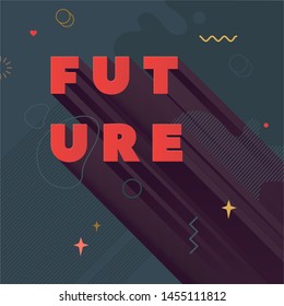 Future. Modern abstract vector banner. Flat geometric shapes of different colors in memphis design style. Square template ready for use in web or print design