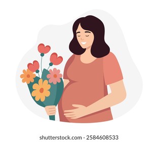 Future mom. Pregnant woman with flowers. Woman awaiting baby. Adult pregnant woman with belly. Perfect for maternity, family and celebration-themed designs. Vector illustration in flat cartoon style.