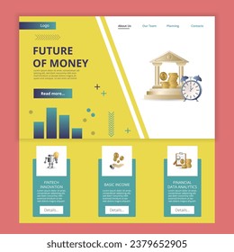 Future of money flat landing page website template. Fintech innovation, basic income, financial data analytics. Web banner with header, content and footer. Vector illustration.