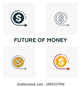 Future Of Money icon set. Four elements in diferent styles from fintech icons collection. Creative future of money icons filled, outline, colored and flat symbols.