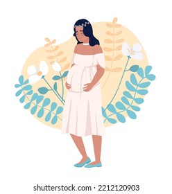 Futura madre y decoración floral 2D ilustración aislada vectorial. Personaje plano preñado sobre el fondo de la caricatura. Atención prenatal colorida escena editable para móviles, sitio web, presentación