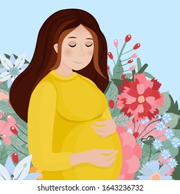 Future mother hugs her belly. Pregnant woman surrounded by many flowers. Vector illustration.