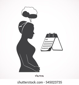 future mother looking at a calendar, flat style. 