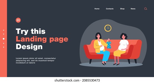 Future mother showing baby dress to pregnant friend. Female characters with bellies sitting on sofa at home flat vector illustration. Pregnancy, clothing concept for website design or landing web page
