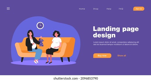 Future mother showing baby dress to pregnant friend. Female characters with bellies sitting on sofa at home flat vector illustration. Pregnancy, clothing concept for website design or landing web page