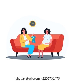 Future mother showing baby dress to pregnant friend. Female characters with bellies sitting on sofa at home flat vector illustration. Pregnancy, clothing concept for website design