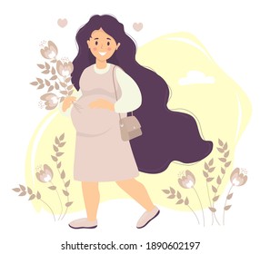 Future Motherhood. Happy pregnant woman With long hair in pink dress gently hugs her belly with one hand and holds a bouquet of flowers with the other. A bag hangs on the shoulder. Vector illustration