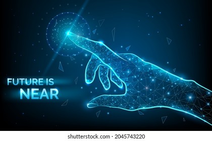Future is near low poly hand wireframe. Vector polygonal image in form of starry sky or space, consisting of points, lines, and shapes with destruct shapes. Futuristic concept vector illustration