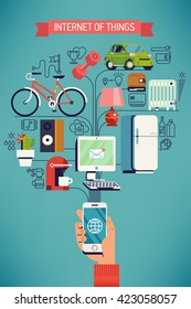 Future Of Network High Technology In Everyday Life. Internet Of Things Vector Concept Design In Flat Design With Hand Holding Mobile Phone Connected To Various Everyday Things