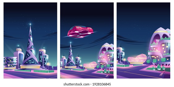 Future night city with flying car and futuristic neon glowing glass buildings Alien urban architecture skyscrapers of unusual shapes, green plants, aerial automobile. Cartoon vector illustration, set