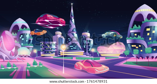 Future night city with flying cars and\
futuristic neon glowing glass buildings of unusual shapes, green\
plants, automobile drive road. Alien urban architecture\
skyscrapers, Cartoon vector\
illustration