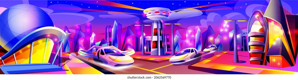 Future Night City With Neon Glowing Lights. Futuristic Cityscape In Violet Colors. Modern Buildings And Flying Cars Unusual Shapes. Alien Urban Architecture Skyscrapers Cartoon Vector Illustration.