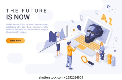 Future is now landing page vector template with isometric illustration. Artificial intelligence and neural networks homepage interface layout with isometry. AI study 3d webpage design idea