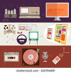 The Future is Now. Vintage Gadgets Flat Icons Set. Retro PC, TV, Vinyl Player, Cassette and Tube Amplifier. Modern Tablet PC, Mobile Phone, Microphone and Computer. Mobile Apps Items, Web Technologies