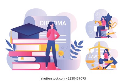 Future occupation concept. Woman stands near books with graduate cap and dreams of career. Choice between lawyer or seamstress. Education, aspiring specialist. Cartoon flat vector illustration