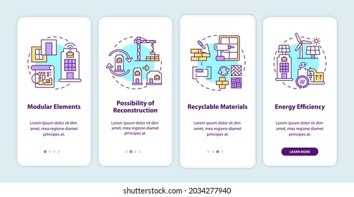 Future office building requirement onboarding mobile app page screen with concepts. Reconstruction walkthrough 4 steps graphic instructions. UI, UX, GUI vector template with linear color illustrations