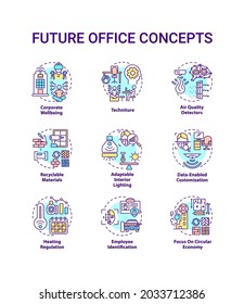 Future office concept icons set. Corporate wellbeing idea thin line RGB color illustrations. Techniture. Air quality detectors. Recyclable materials. Vector isolated outline drawings. Editable stroke