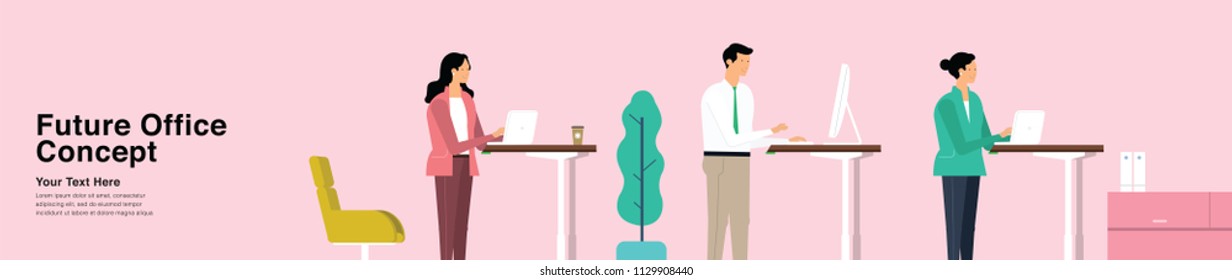 Future Office Concept in Punch Colour. Template for Web, Landing Page, Infographics, Editorial, Commercial Use And Others. Vector.
