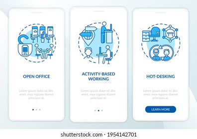 Future office environments onboarding mobile app page screen with concepts. Openness, hot desking walkthrough 3 steps graphic instructions. UI, UX, GUI vector template with linear color illustrations