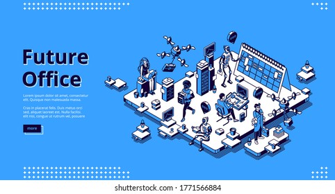 Future office isometric landing page. Human and ai robots work together. Robotic employees with people in futuristic workplace. Cyborgs automation artificial intelligence 3d vector line art web banner