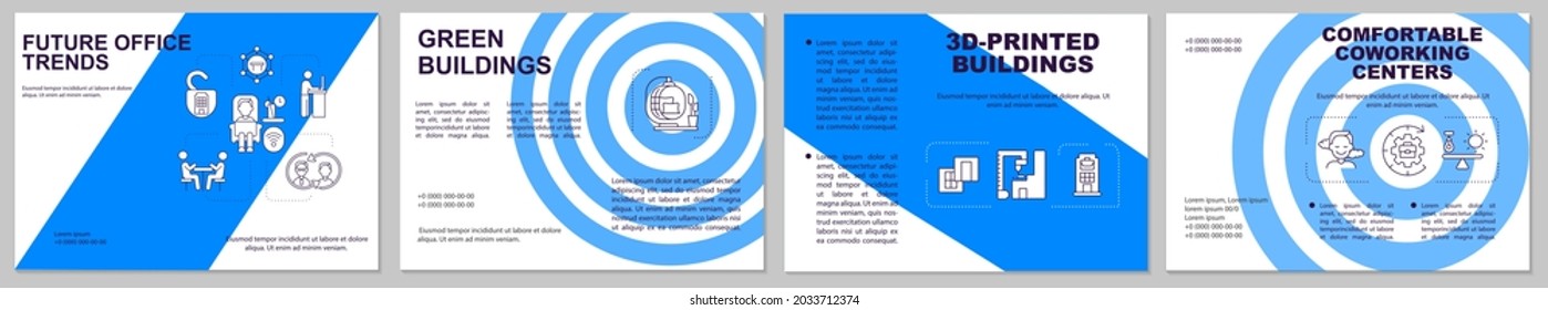 Plantilla de folleto sobre las tendencias futuras de las oficinas. Cómodo lugar de coworking. Volante, folleto, folleto impreso, diseño de portada con iconos lineales. Diseños vectoriales para presentación, informes anuales, páginas publicitarias