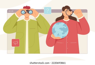 Future Opportunity Search, Curiosity And Vision Vector Illustration. Cartoon Man And Woman Look Through Magnifying Glass And Binoculars To Find New Ideas, Explore Horizon, Direction And Ways